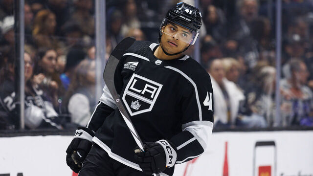 LOS ANGELES, CA - APRIL 06: Los Angeles Kings center Akil Thomas (41) during the Vancouver Canucks game versus the Los Angeles Kings on April 6, 2024, at Crypto.com Arena in Los Angeles, CA.