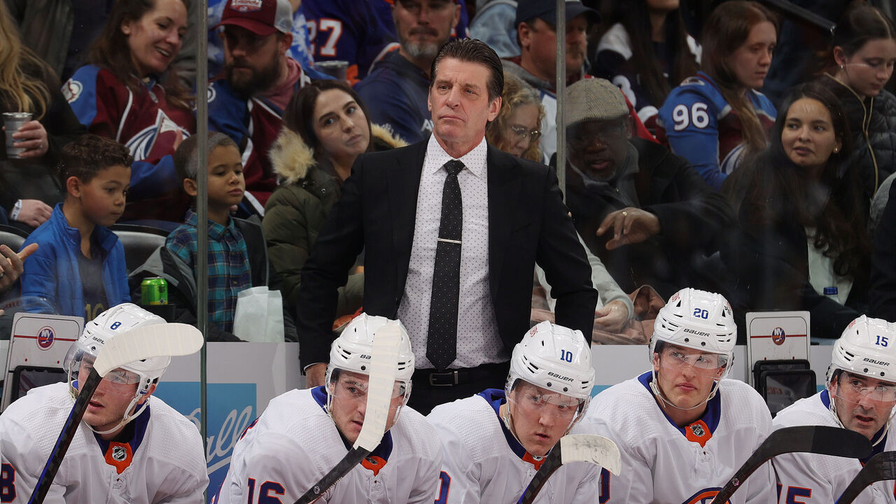 DENVER, COLORADO - JANUARY 02: Head coach of the New York Islanders Lane Lambert looks on during the first period against the Colorado Avalanche at Ball Arena on January 2, 2024 in Denver, Colorado.