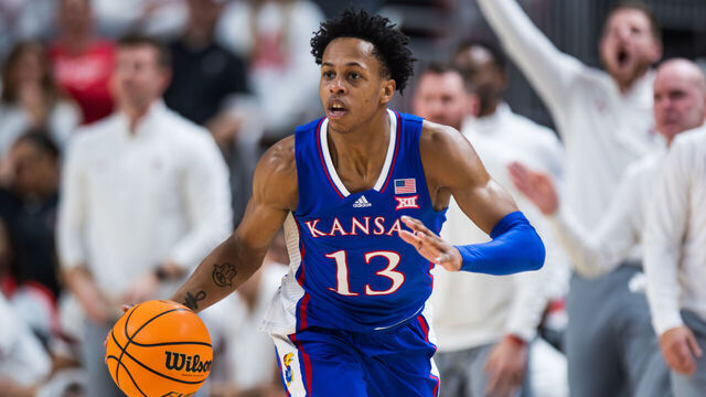 LUBBOCK, TEXAS - FEBRUARY 12: Elmarko Jackson #13 of the Kansas Jayhawks handles the ball during the second half of the game against the Texas Tech Red Raiders at United Supermarkets Arena on February 12, 2024 in Lubbock, Texas.