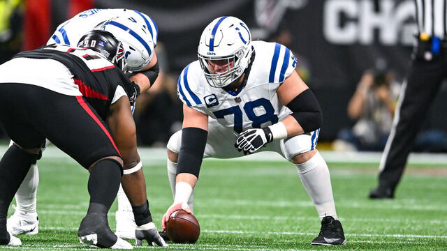 ATLANTA, GA DECEMBER 24: Indianapolis center Ryan Kelly (78) prepares to snap the ball during the NFL game between the Indianapolis Colts and the Atlanta Falcons on December 24th, 2023 at Mercedes-Benz Stadium in Atlanta, GA.
