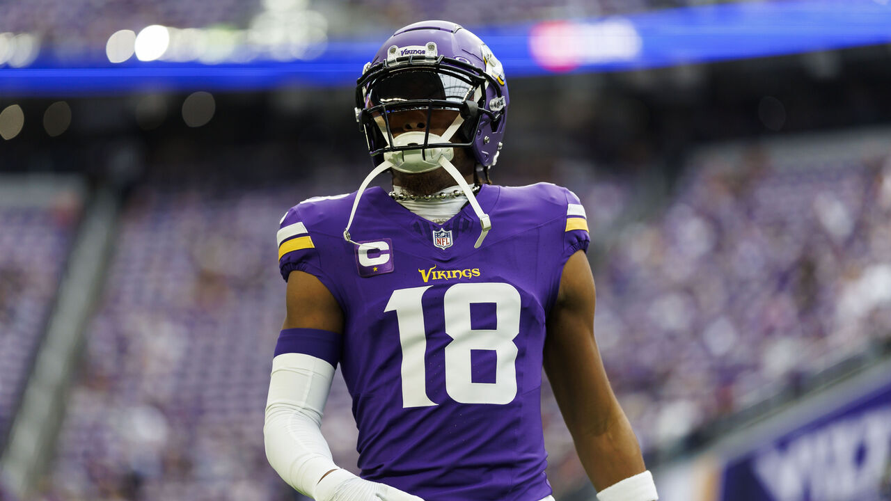 MINNEAPOLIS, MINNESOTA - SEPTEMBER 24: Justin Jefferson #18 of the Minnesota Vikings looks on during pregame warmups prior to an NFL football game against the Los Angeles Chargers at U.S. Bank Stadium on September 24, 2023 in Minneapolis, Minnesota.
