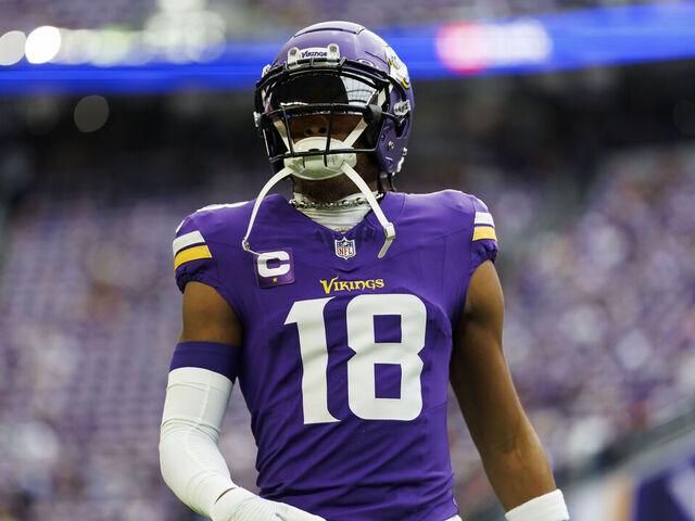 MINNEAPOLIS, MINNESOTA - SEPTEMBER 24: Justin Jefferson #18 of the Minnesota Vikings looks on during pregame warmups prior to an NFL football game against the Los Angeles Chargers at U.S. Bank Stadium on September 24, 2023 in Minneapolis, Minnesota.