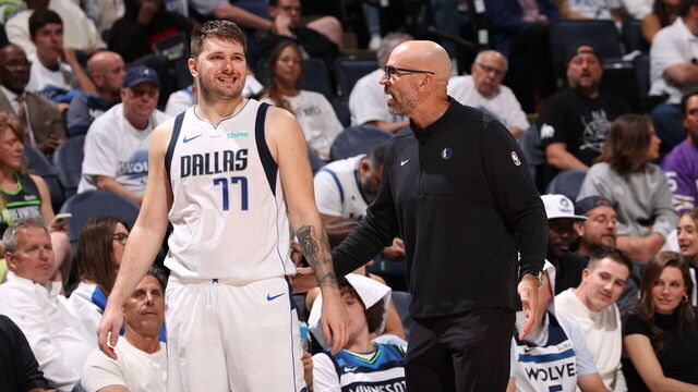 MINNEAPOLIS, MN - MAY 30: Luka Doncic #77 of the Dallas Mavericks and Head Coach Jason Kidd of the Dallas Mavericks speak during the game against the Minnesota Timberwolves during Round 3 Game 5 of the 2024 NBA Playoffs on May 30, 2024 at Target Center in Minneapolis, Minnesota. Mandatory Copyright Notice: Copyright 2024 NBAE