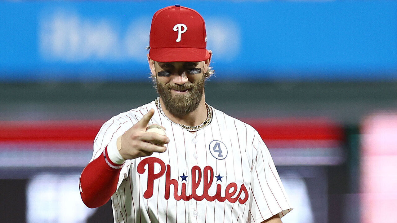 PHILADELPHIA, PENNSYLVANIA - JUNE 02: Bryce Harper #3 of the Philadelphia Phillies reacts during the ninth inning against the St. Louis Cardinals at Citizens Bank Park on June 02, 2024 in Philadelphia, Pennsylvania.