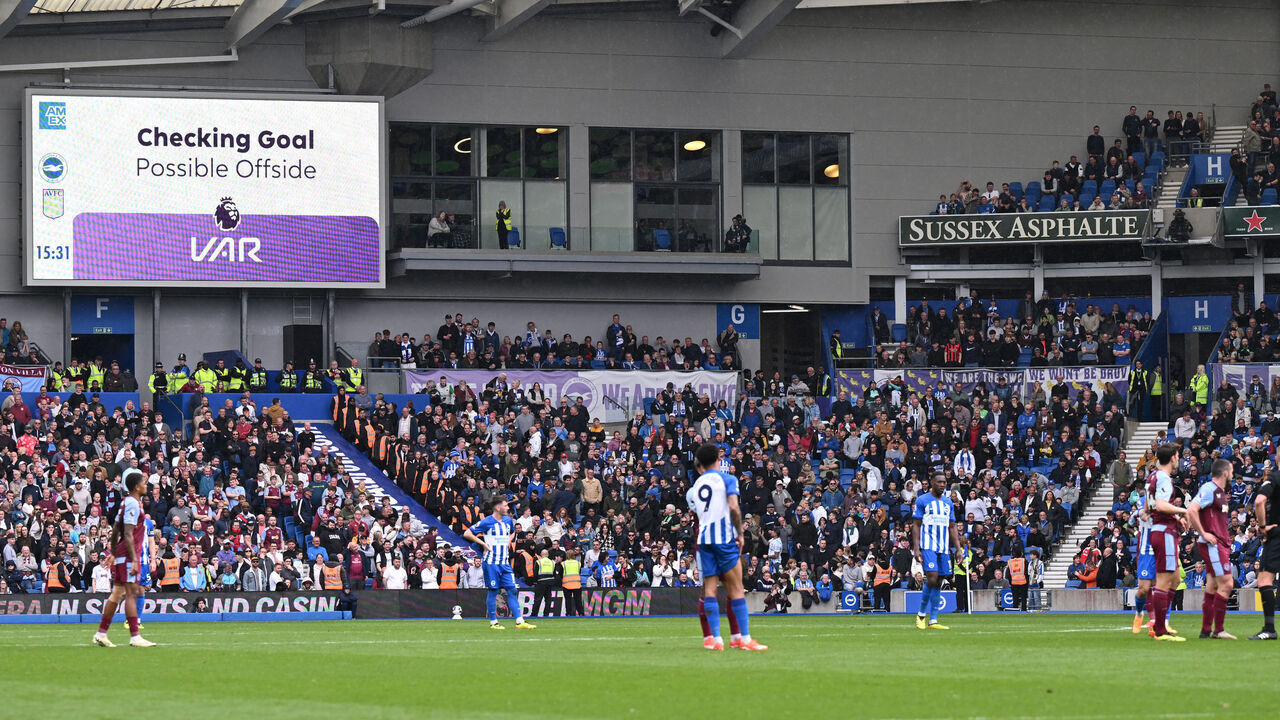 BRIGHTON, ENGLAND - MAY 05: The LED board shows the VAR decision for a possible offside goal scored by Pascal Gross of Brighton & Hove Albion during the Premier League match between Brighton & Hove Albion and Aston Villa at American Express Community Stadium on May 05, 2024 in Brighton, England.