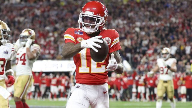 LAS VEGAS, NV - FEBRUARY 11: Mecole Hardman Jr. #12 of the Kansas City Chiefs celebrates a touchdown during overtime of Super Bowl LVIII against the San Francisco 49ers at Allegiant Stadium on February 11, 2024 in Las Vegas, NV.