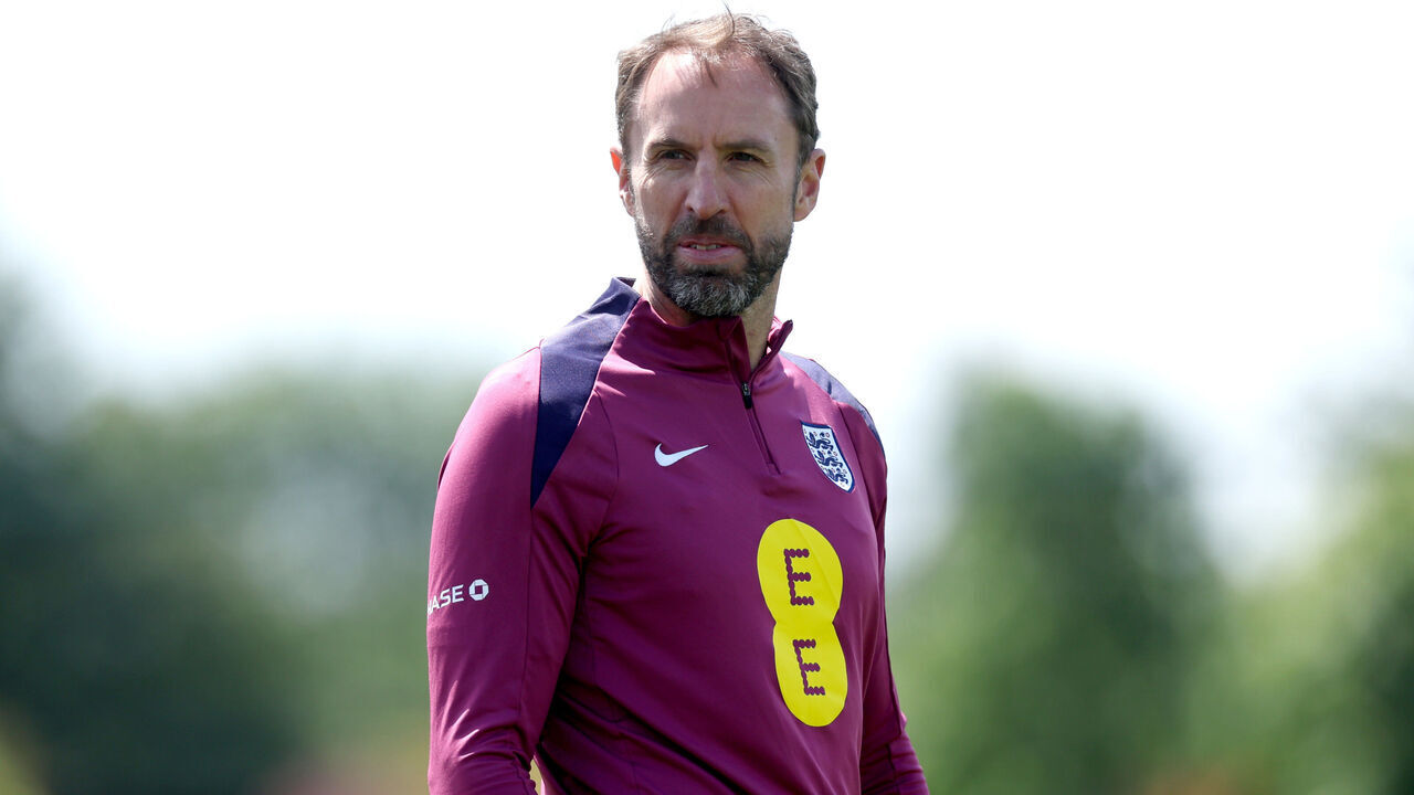 LONDON, ENGLAND - JUNE 05: Gareth Southgate, Manager of England men's senior team, looks on during a training session at Spurs Lodge on June 05, 2024 in London, England.