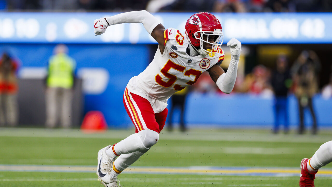 INGLEWOOD, CALIFORNIA - JANUARY 7: BJ Thompson #53 of the Kansas City Chiefs rushes the edge during a game against the Los Angeles Chargers at SoFi Stadium on January 7, 2024 in Inglewood, California.
