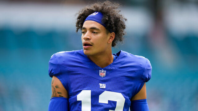 MIAMI GARDENS, FLORIDA - OCTOBER 08: Jalin Hyatt #13 of the New York Giants warms up prior to a game against the Miami Dolphins at Hard Rock Stadium on October 08, 2023 in Miami Gardens, Florida.