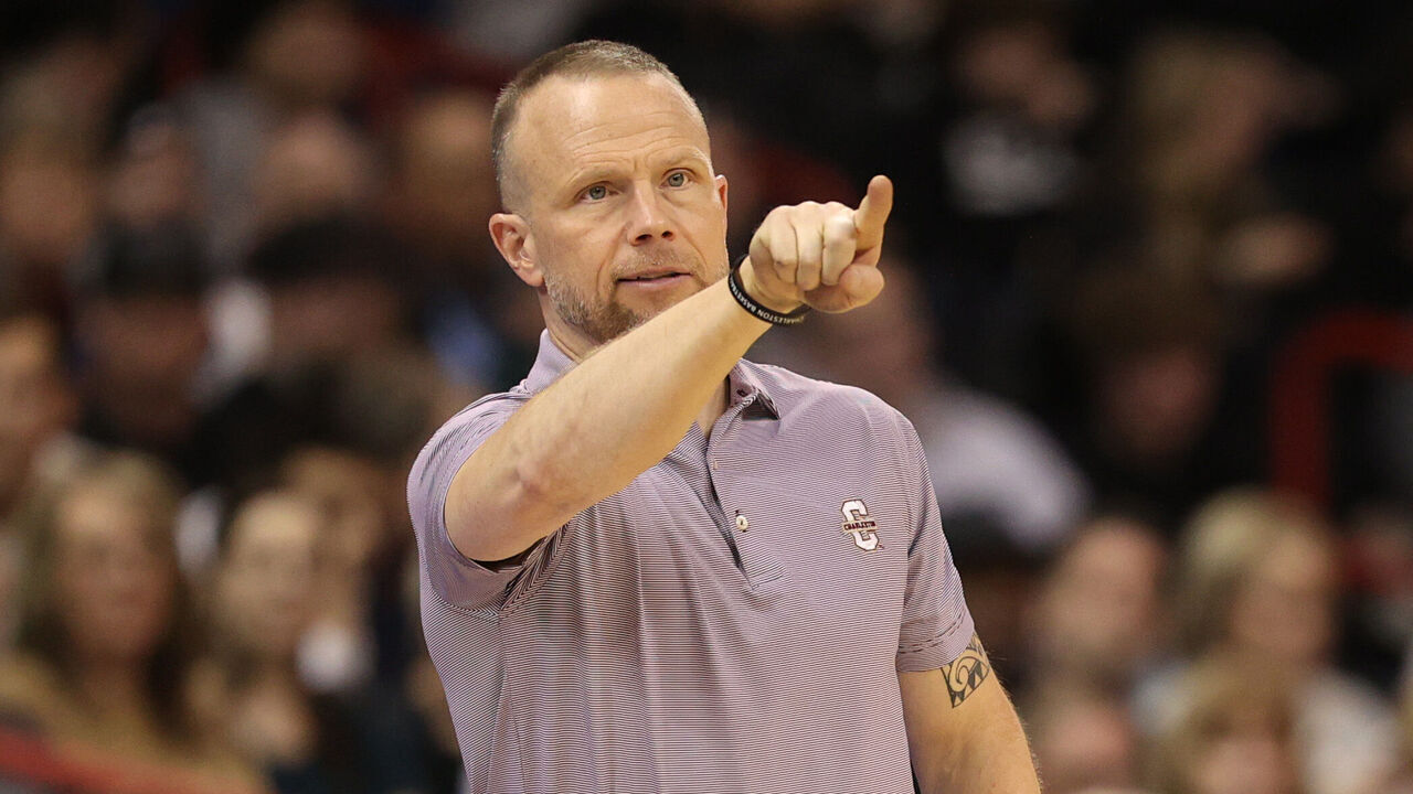 SPOKANE, WASHINGTON - MARCH 22: Head coach Pat Kelsey of the Charleston Cougars gestures against the Alabama Crimson Tide during the second half in the first round of the NCAA Men's Basketball Tournament at Spokane Veterans Memorial Arena on March 22, 2024 in Spokane, Washington.