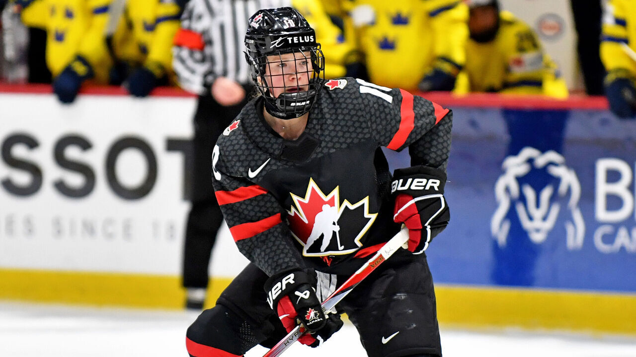 UTICA, NEW YORK - APRIL 11: Sarah Fillier #10 of Canada looks at her options during the third period of game against Sweden during the 2024 IIHF Women's World Championship at Adirondack Bank Center on April 11, 2024 in Utica, New York.
