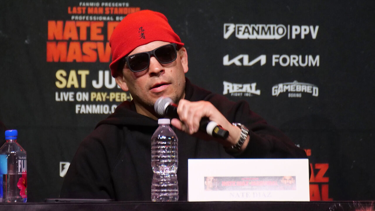 LOS ANGELES, CALIFORNIA - APRIL 19: Nate Diaz speaks during the Nate Diaz v Jorge Masvidal press event “The Baddest Tour" at The Novo on April 19, 2024 in Los Angeles, California.
