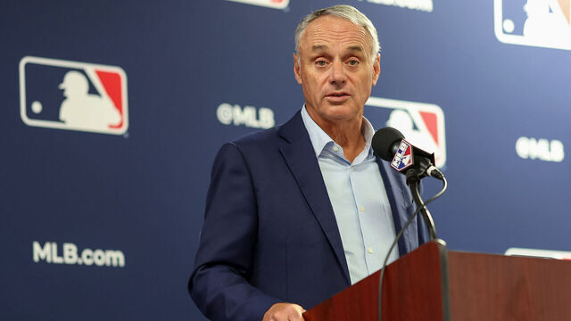 TAMPA, FL - FEBRUARY 15: Commissioner of Major League Baseball Robert D. Manfred Jr. speaks during the 2024 Grapefruit League Spring Training Media Day at George M. Steinbrenner Field on Thursday, February 15, 2024 in Tampa, Florida.