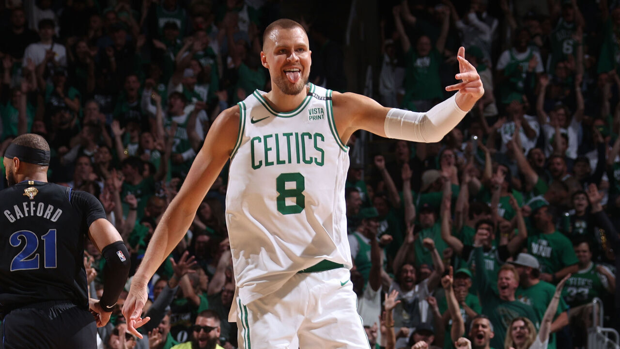 BOSTON, MA - JUNE 6: Kristaps Porzingis #8 of the Boston Celtics celebrates during the game against the Dallas Mavericks during Game 1 of the 2024 NBA Finals on June 6, 2024 at the TD Garden in Boston, Massachusetts. Mandatory Copyright Notice: Copyright 2024 NBAE