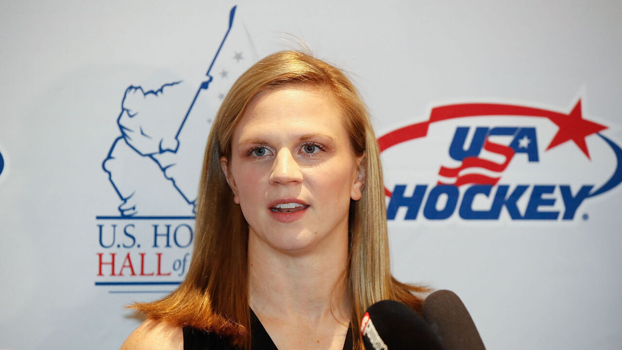 NASHVILLE, TENNESSEE - DECEMBER 12: Natalie Darwitz speaks to the media at the U.S. Hockey Hall Of Fame Induction on December 12, 2018 in Nashville, Tennessee.