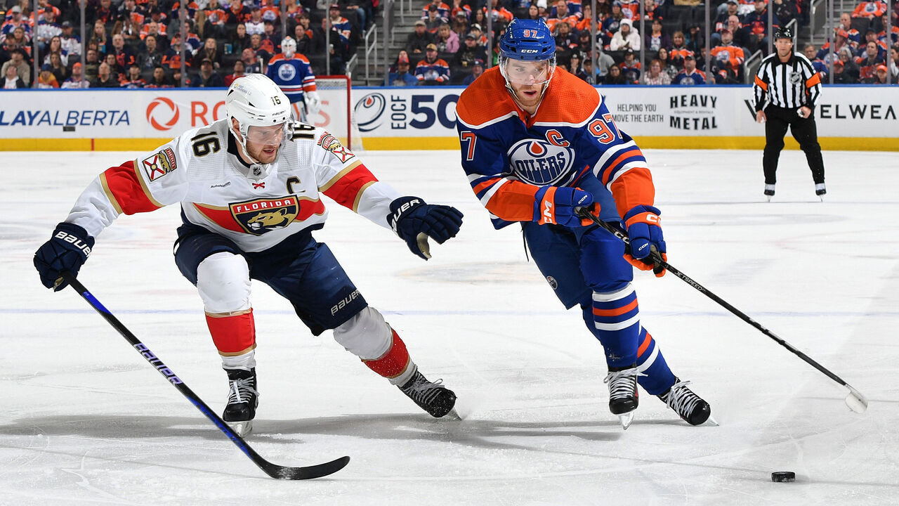 EDMONTON, CANADA - DECEMBER 16: Connor McDavid #97 of the Edmonton Oilers skates during the game against Aleksander Barkov #16 of the Florida Panthers at Rogers Place on December 16, 2023, in Edmonton, Alberta, Canada.