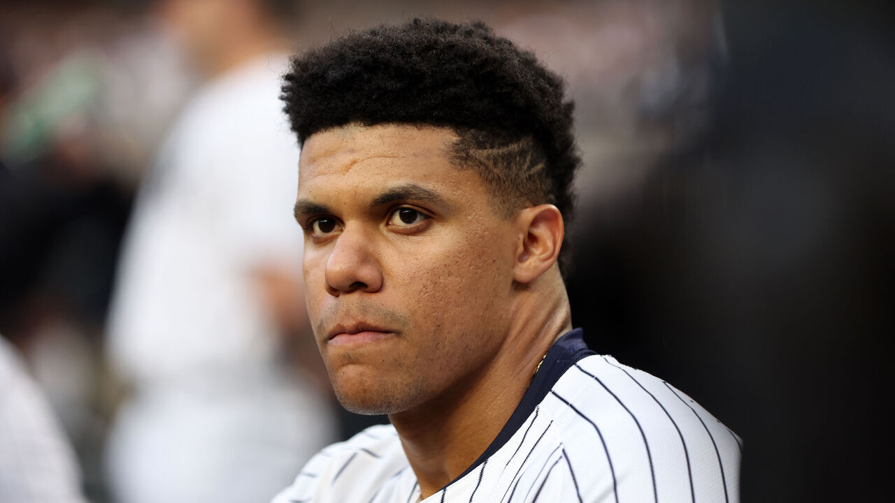 NEW YORK, NY - JUNE 4: Juan Soto #22 of the New York Yankees looks on during the game against the Minnesota Twins at Yankee Stadium on June 4, 2024, in New York, New York.