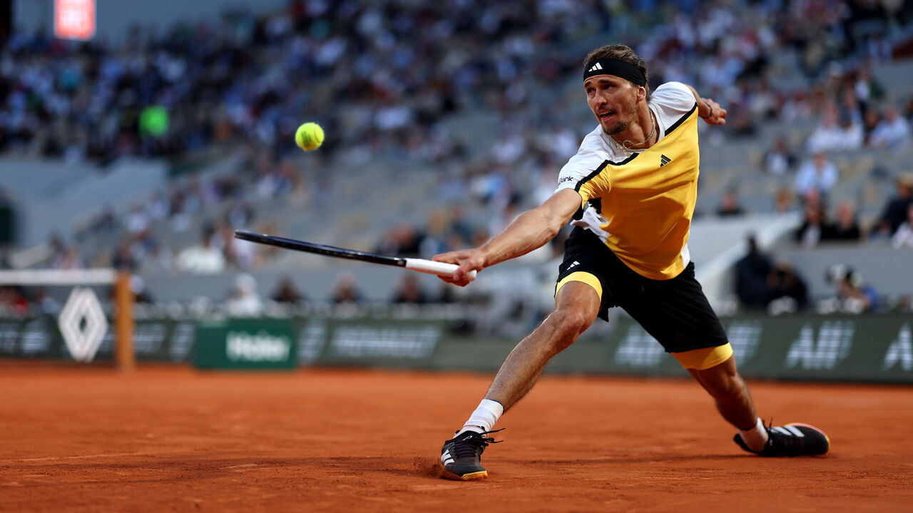 PARIS, FRANCE - JUNE 07: Alexander Zverev of Germany plays a backhand against Casper Ruud of Norway in the Men's Singles Semi-Final match during Day Thirteen of the 2024 French Open at Roland Garros on June 07, 2024 in Paris, France.