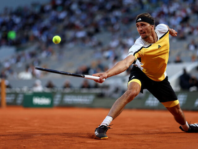 PARIS, FRANCE - JUNE 07: Alexander Zverev of Germany plays a backhand against Casper Ruud of Norway in the Men's Singles Semi-Final match during Day Thirteen of the 2024 French Open at Roland Garros on June 07, 2024 in Paris, France.