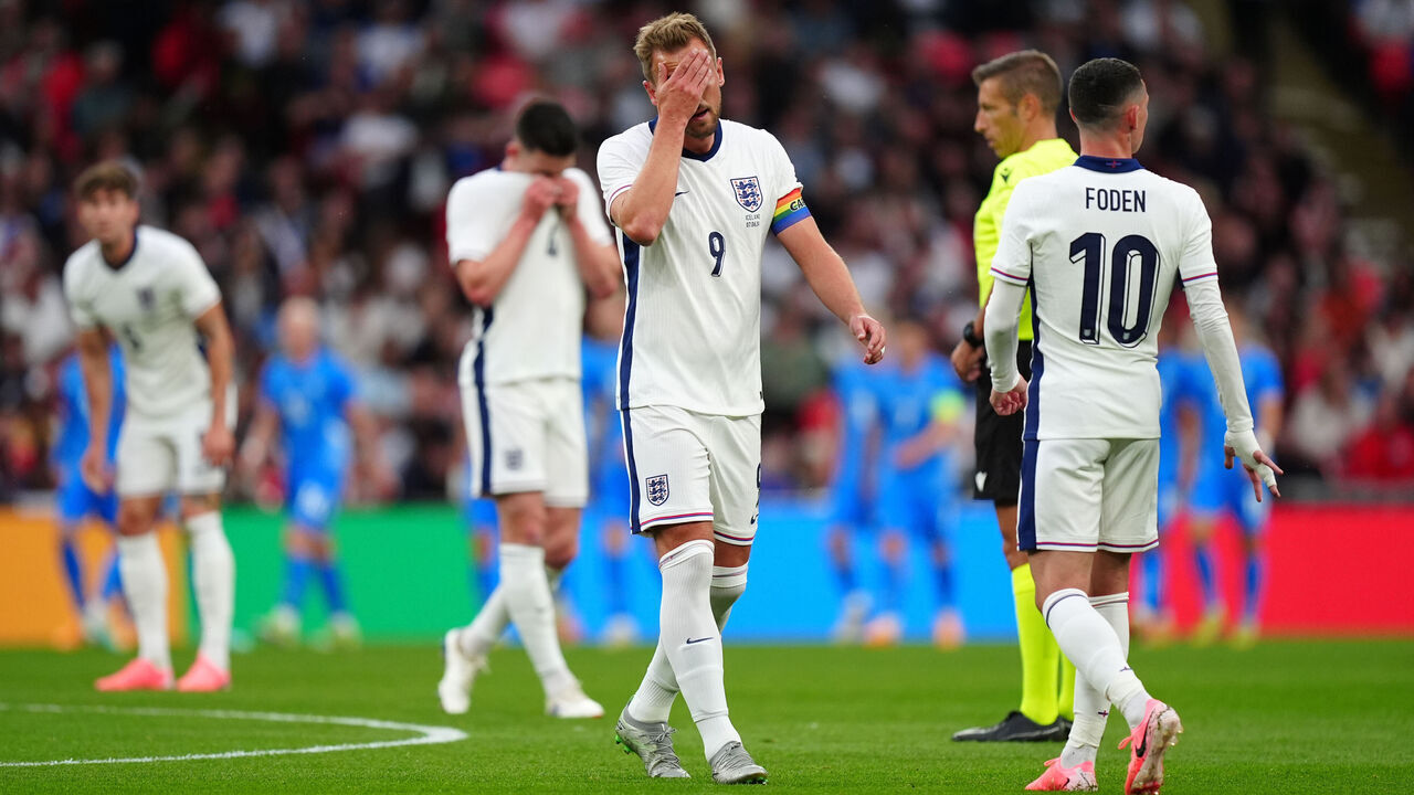 England's Harry Kane appears dejected after Iceland's Jon Dagur Thorsteinsson scores the first goal of the game during the international friendly match at Wembley Stadium, London. Picture date: Friday June 7, 2024.