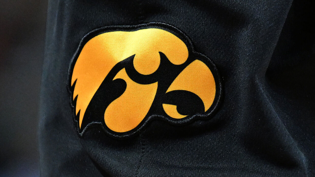 COLLEGE PARK, MARYLAND - FEBRUARY 03: A view of the Iowa Hawkeyes logo on their uniform during the game against the Maryland Terrapins at Xfinity Center on February 03, 2024 in College Park, Maryland.