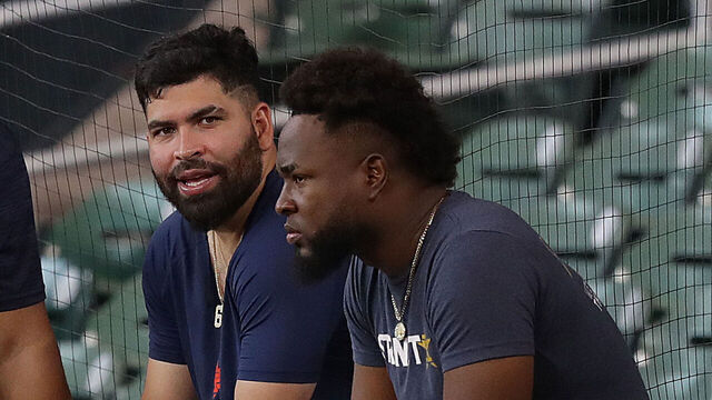 HOUSTON, TEXAS - JULY 29: (L-R) Luis Garcia of the Houston Astros, Jose Urquidy, and Cristian Javier during warm-ups before playing the Tampa Bay Rays at Minute Maid Park on July 29, 2023 in Houston, Texas.