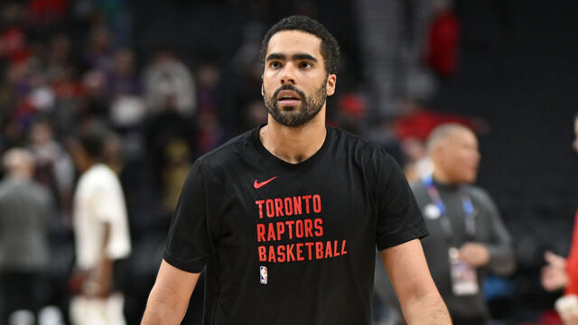 PORTLAND, OREGON - MARCH 09: Jontay Porter #34 of the Toronto Raptors warms up before the game against the Portland Trail Blazers at the Moda Center on March 09, 2024 in Portland, Oregon.