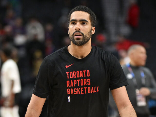 PORTLAND, OREGON - MARCH 09: Jontay Porter #34 of the Toronto Raptors warms up before the game against the Portland Trail Blazers at the Moda Center on March 09, 2024 in Portland, Oregon.