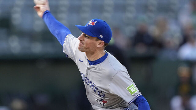 OAKLAND, CALIFORNIA - JUNE 07: Chris Bassitt #40 of the Toronto Blue Jays pitches against the Oakland Athletics in the bottom of the first inning on June 7, 2024 at the Oakland Coliseum in Oakland, California.