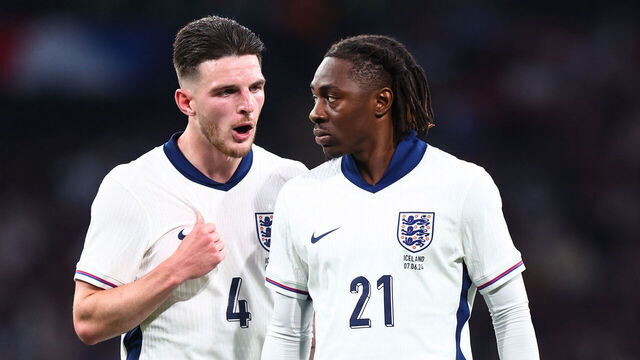 LONDON, ENGLAND - JUNE 7: Declan Rice and Eberechi Eze of England during the international friendly match between England and Iceland at Wembley Stadium on June 7, 2024 in London, England.