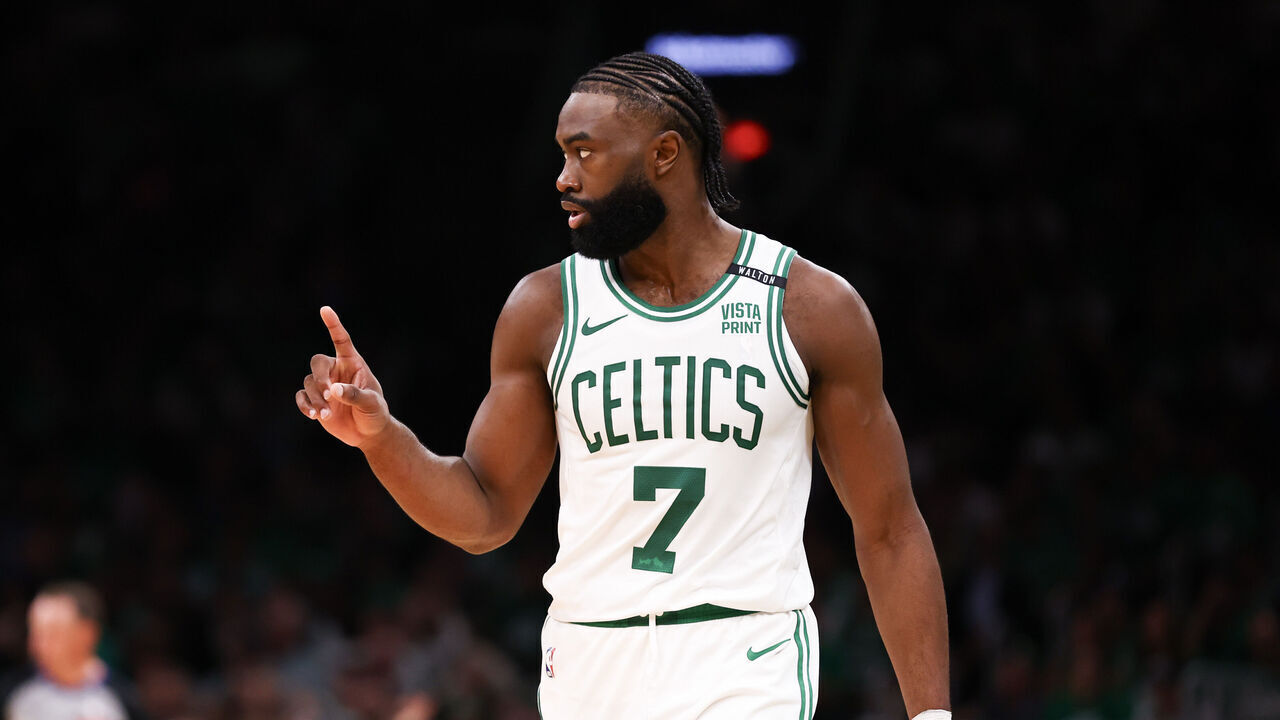 BOSTON, MASSACHUSETTS - JUNE 06: Jaylen Brown #7 of the Boston Celtics reacts during the second quarter against the Dallas Mavericks in Game One of the 2024 NBA Finals at TD Garden on June 06, 2024 in Boston, Massachusetts.