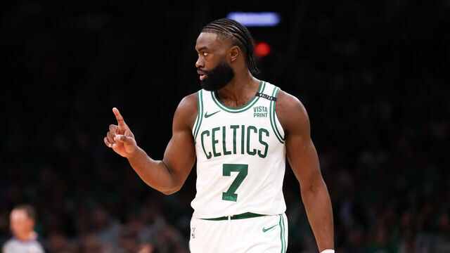 BOSTON, MASSACHUSETTS - JUNE 06: Jaylen Brown #7 of the Boston Celtics reacts during the second quarter against the Dallas Mavericks in Game One of the 2024 NBA Finals at TD Garden on June 06, 2024 in Boston, Massachusetts.