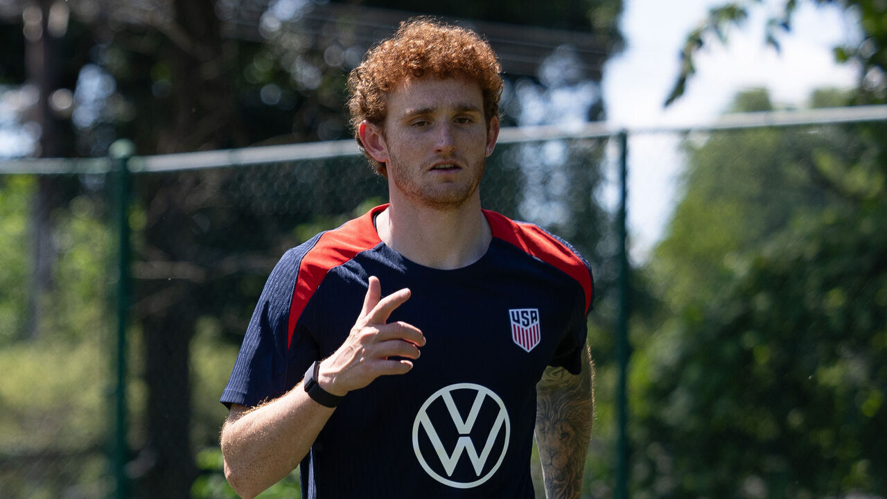 BETHESDA, MD - MAY 29: Tyler Adams, Josh Sargent of the United States warm ups during USMNT at Landon School on May 29, 2024 in Bethesda, Maryland.