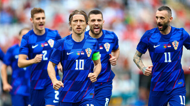 LISBON, PORTUGAL - JUNE 08: Luka Modric of Croatia celebrates after scoring his team's first goal during the International Friendly match between Portugal and Croatia at Estadio Nacional do Jamor on June 08, 2024 in Lisbon, Portugal.
