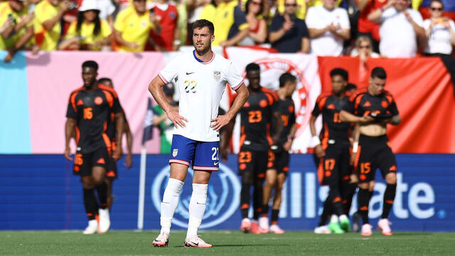 LANDOVER, MARYLAND - JUNE 08: Joe Scally #22 of United States reacts following the second goal by Colombia during the first half at Commanders Field on June 08, 2024 in Landover, Maryland.