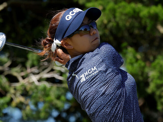 GALLOWAY, NEW JERSEY - JUNE 08: Jenny Shin of South Korea plays her shot from the eighth tee during the second round of the ShopRite LPGA Classic Presented by Acer at Seaview Bay Course on June 08, 2024 in Galloway, New Jersey.