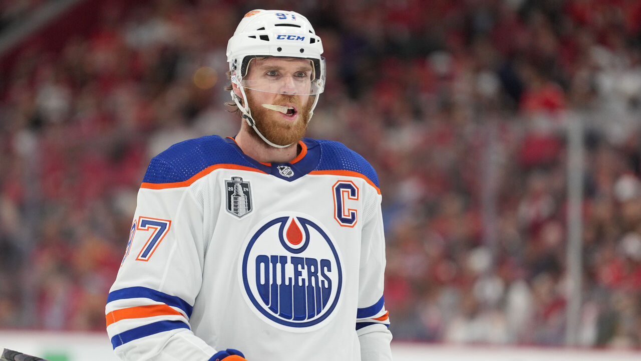 SUNRISE, FL - JUNE 08: Edmonton Oilers center Connor McDavid (97) prepares for a face-off in the first period during game one of the Stanley Cup Finals between the Edmonton Oilers and the Florida Panthers on Saturday, June 8, 2024 at Amerant Bank Area in Sunrise, Fla.