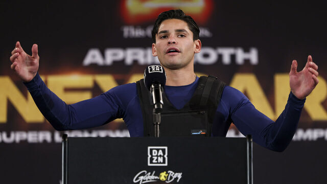 NEW YORK, NEW YORK - APRIL 18: Ryan Garcia speaks during a press conference at Barclays Center on April 18, 2024 in New York City.