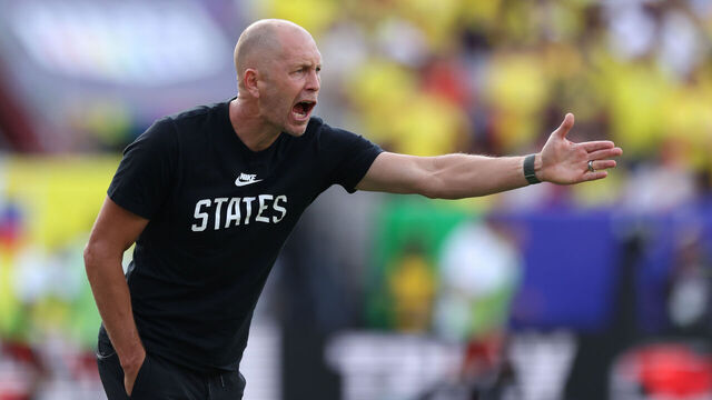 LANDOVER, MARYLAND - JUNE 08: United States head coach Gregg Berhalter shouts instructions during the second half against Colombia at Commanders Field on June 08, 2024 in Landover, Maryland.