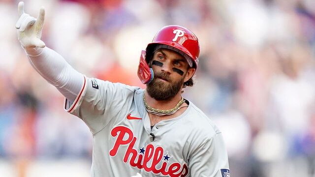 Philadelphia Phillies' Bryce Harper celebrates a home run on day one of the MLB London Series Match at the London Stadium, London. Picture date: Saturday June 8, 2024.