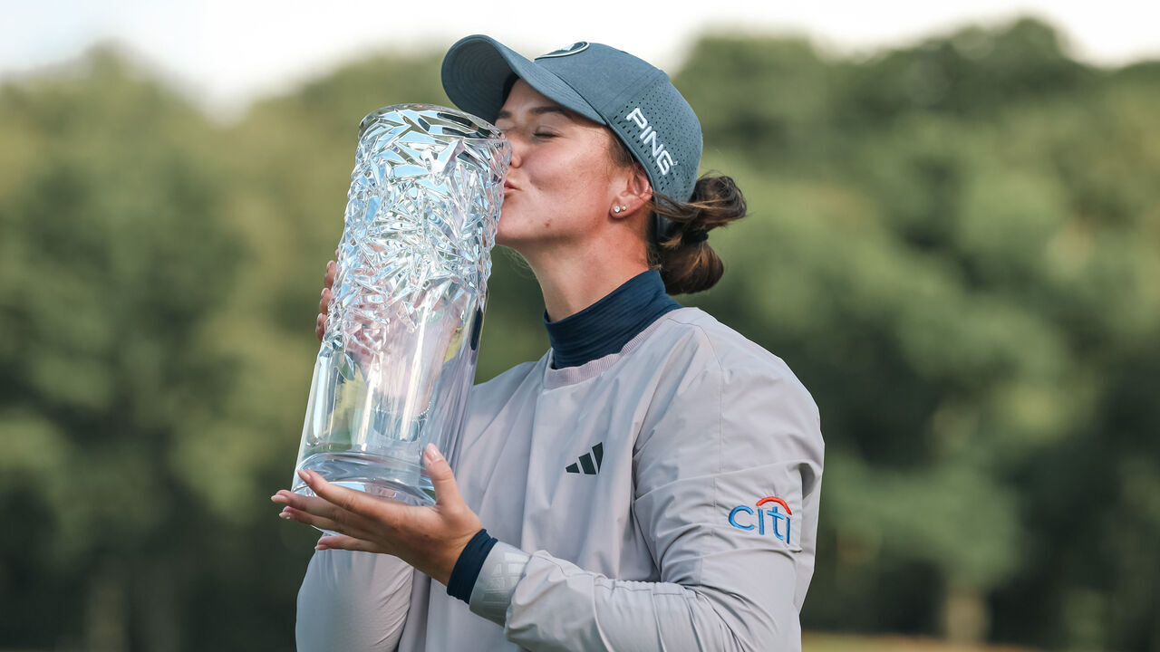 HELSINGBORG, SWEDEN - JUNE 09: Linn Grant of Sweden holds the winners trophy after winningduring day four of the Volvo Car Scandinavian Mixed at Vasatorps Golfklubb on June 09, 2024 in Helsingborg, Sweden.