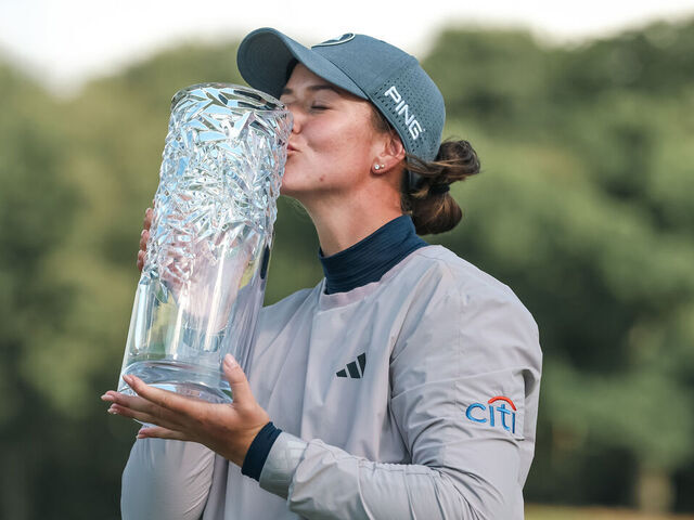 HELSINGBORG, SWEDEN - JUNE 09: Linn Grant of Sweden holds the winners trophy after winningduring day four of the Volvo Car Scandinavian Mixed at Vasatorps Golfklubb on June 09, 2024 in Helsingborg, Sweden.