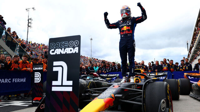 MONTREAL, QUEBEC - JUNE 09: Race winner Max Verstappen of the Netherlands and Oracle Red Bull Racing celebrates in parc fermem during the F1 Grand Prix of Canada at Circuit Gilles Villeneuve on June 09, 2024 in Montreal, Quebec.