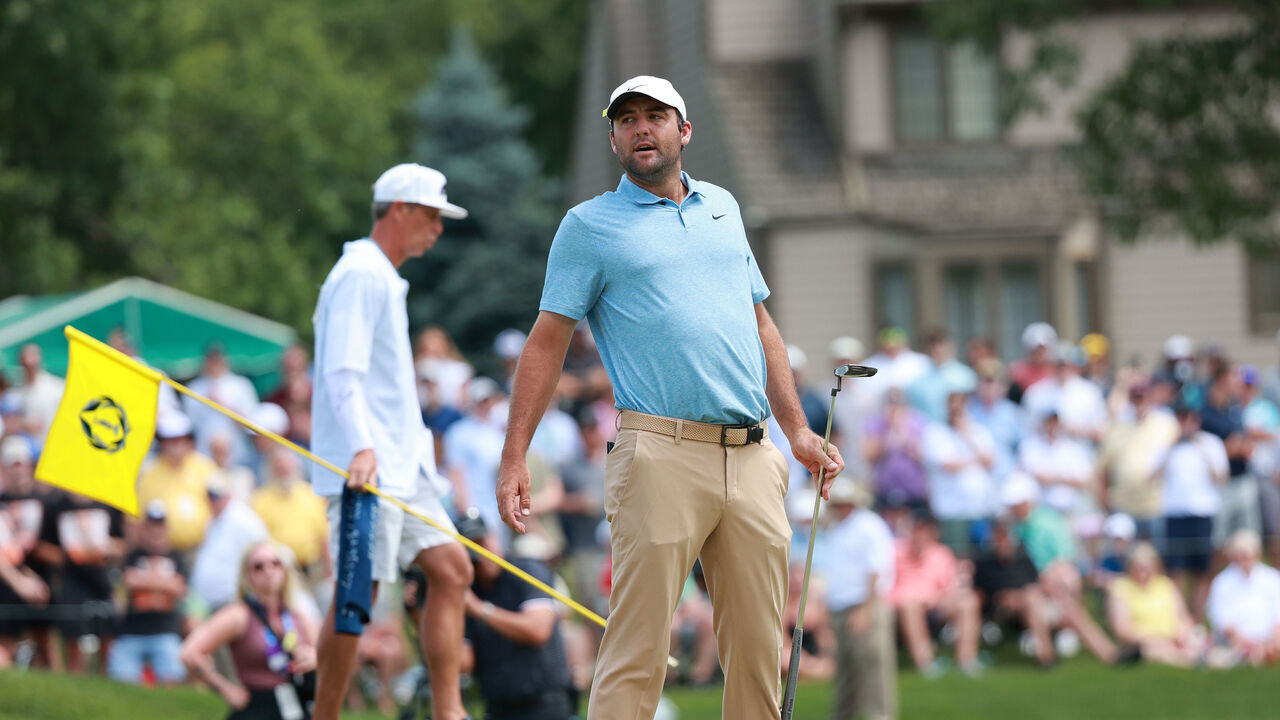 Scottie Scheffler of the United States reacts to his putt on the 5th green during Day Four of The Memorial Tournament presented by Workday at Muirfield Village Golf Club in Dublin, Ohio, USA on Sunday, June 9, 2024.