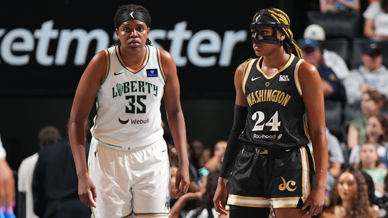 BROOKLYN, NY - JUNE 9: Jonquel Jones #35 of the New York Liberty and Aaliyah Edwards #24 of the Washington Mystics looks on during the game during a 2024 Commissioner's Cup game on June 9, 2024 in Brooklyn, New York. Mandatory Copyright Notice: Copyright 2024 NBAE