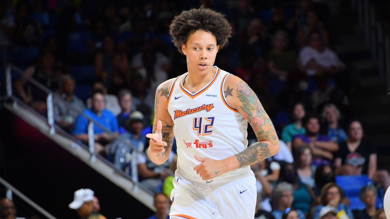 ARLINGTON, TX - JUNE 9: Brittney Griner #42 of the Phoenix Mercury reacts against the Dallas Wings during a 2024 Commissioner's Cup game on June 9, 2024 at the College Park Center in Arlington, TX. Mandatory Copyright Notice: Copyright 2024 NBAE