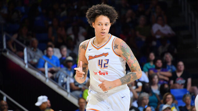 ARLINGTON, TX - JUNE 9: Brittney Griner #42 of the Phoenix Mercury reacts against the Dallas Wings during a 2024 Commissioner's Cup game on June 9, 2024 at the College Park Center in Arlington, TX. Mandatory Copyright Notice: Copyright 2024 NBAE