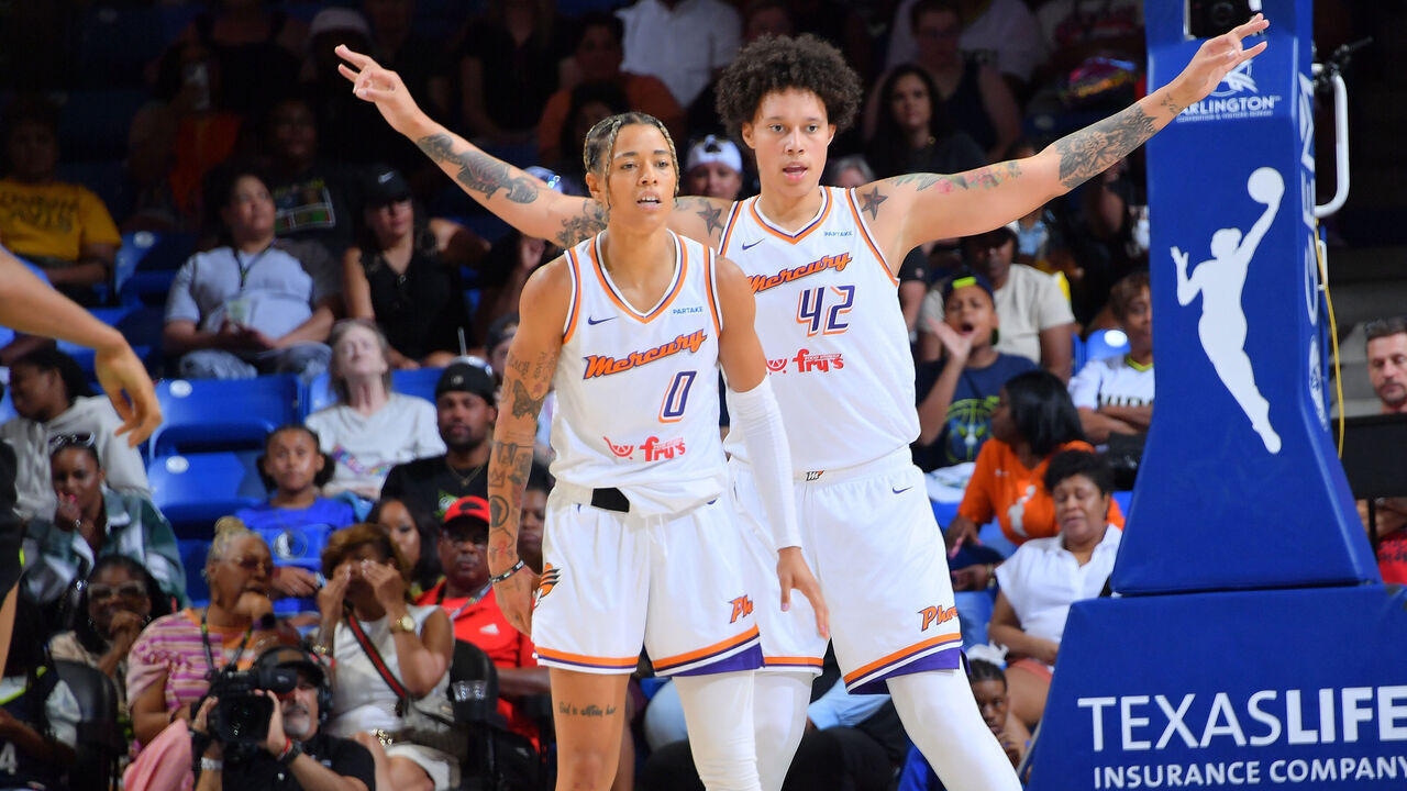 ARLINGTON, TX - JUNE 9: Natasha Cloud #0 and Brittney Griner #42 of the Phoenix Mercury plays defense during the game against the Dallas Wings during a 2024 Commissioner's Cup game on June 9, 2024 at the College Park Center in Arlington, TX. Mandatory Copyright Notice: Copyright 2024 NBAE