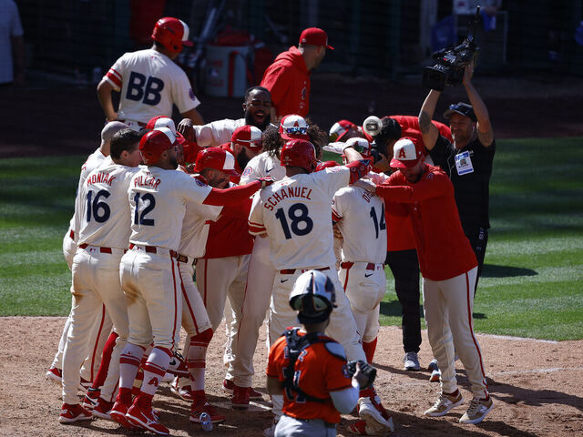 ANAHEIM, CALIFORNIA - JUNE 09: Logan O'Hoppe #14 of the Los Angeles Angels after hitting a walk off home run against the Houston Astros in the ninth inning at Angel Stadium of Anaheim on June 09, 2024 in Anaheim, California.