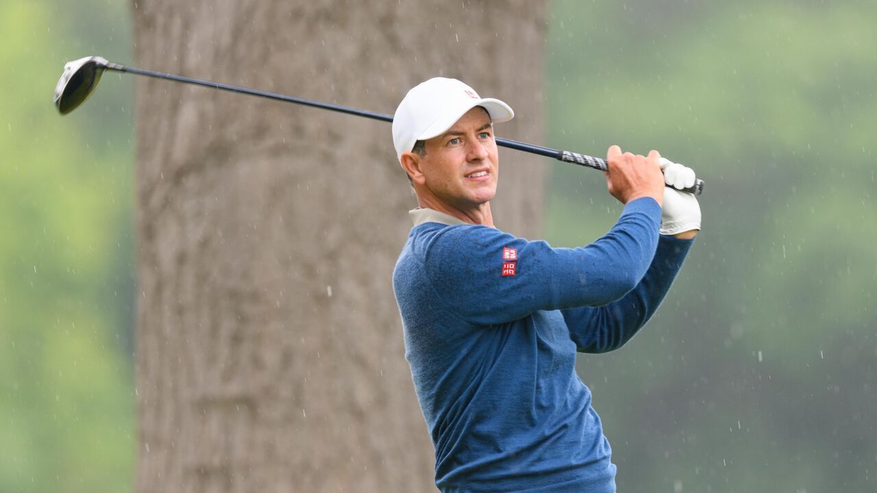 ANCASTER, ON - JUNE 02: Adam Scott of Australia plays his shot from the fourth tee during the final round of the RBC Canadian Open at Hamilton Golf & Country Club on June 02, 2024 in Hamilton, Ontario, Canada.